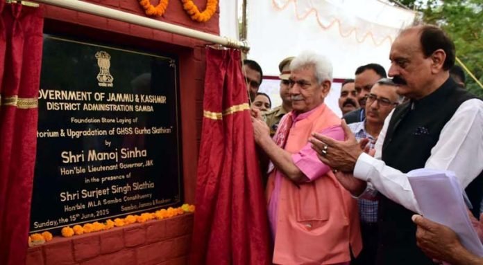 LG Manoj Sinha Lays Foundation Stone for Auditorium, Announces Educational and Sports Facilities in Gurha Slathia