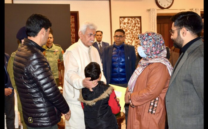 LG Manoj Sinha Meets Families of Nowgam Blast Martyrs, Hands Over Compassionate Appointment Letters