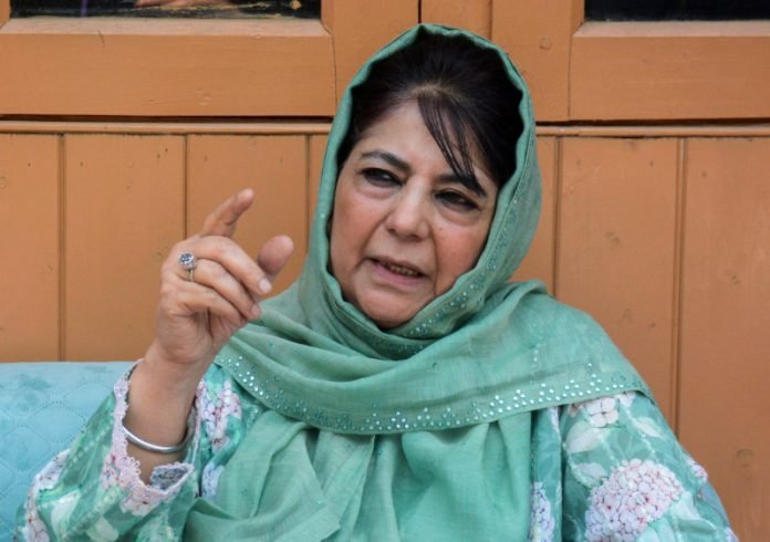 Mehbooba Mufti addressing reporters in Srinagar.